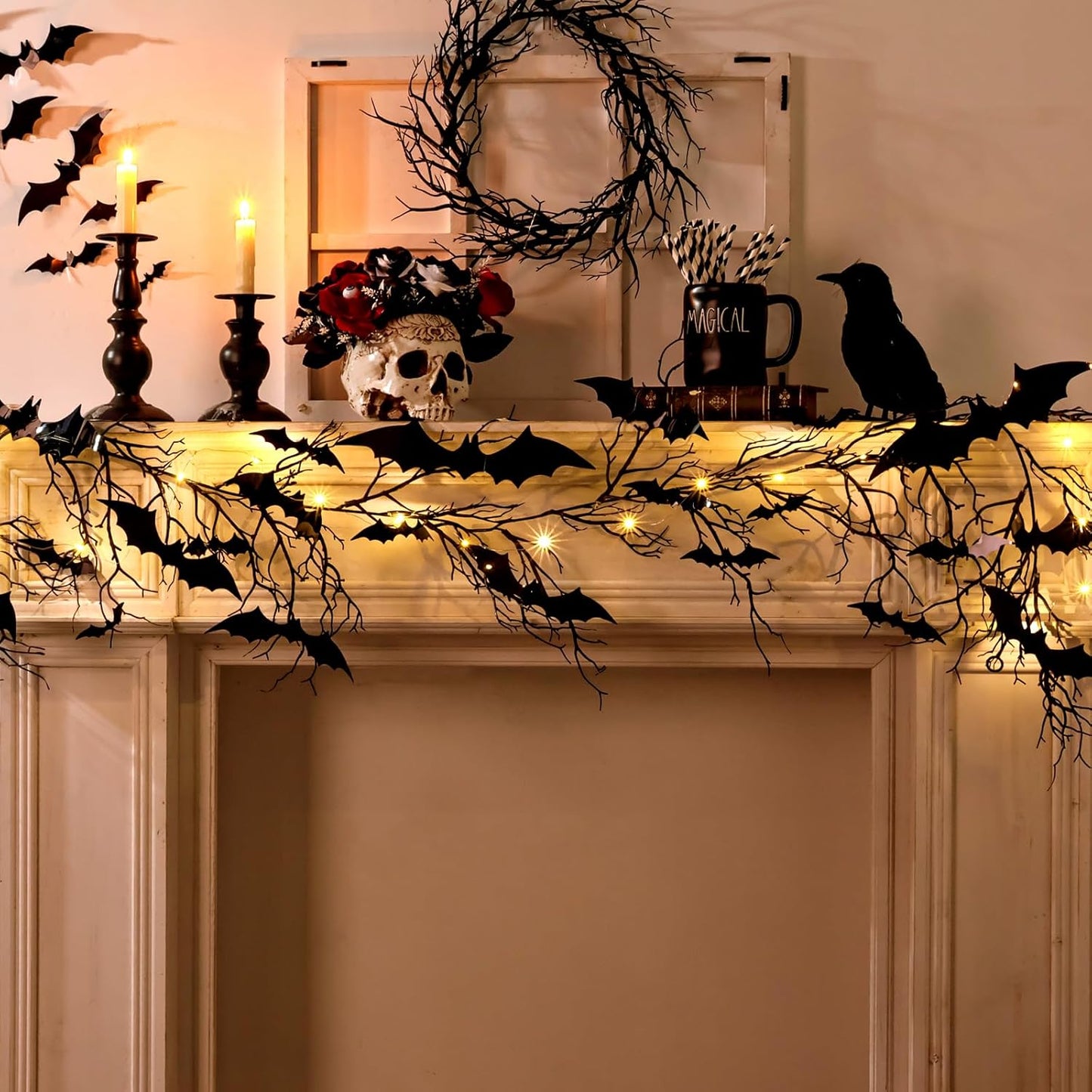 Gothic Halloween Banner: 1pc Haunted Bat Dark Dead Branch Halloween Party Banner with LED Lights, Decorative Bat Vine Twig Garland Decorations for Home Wall Mantel Doorways Front Decor