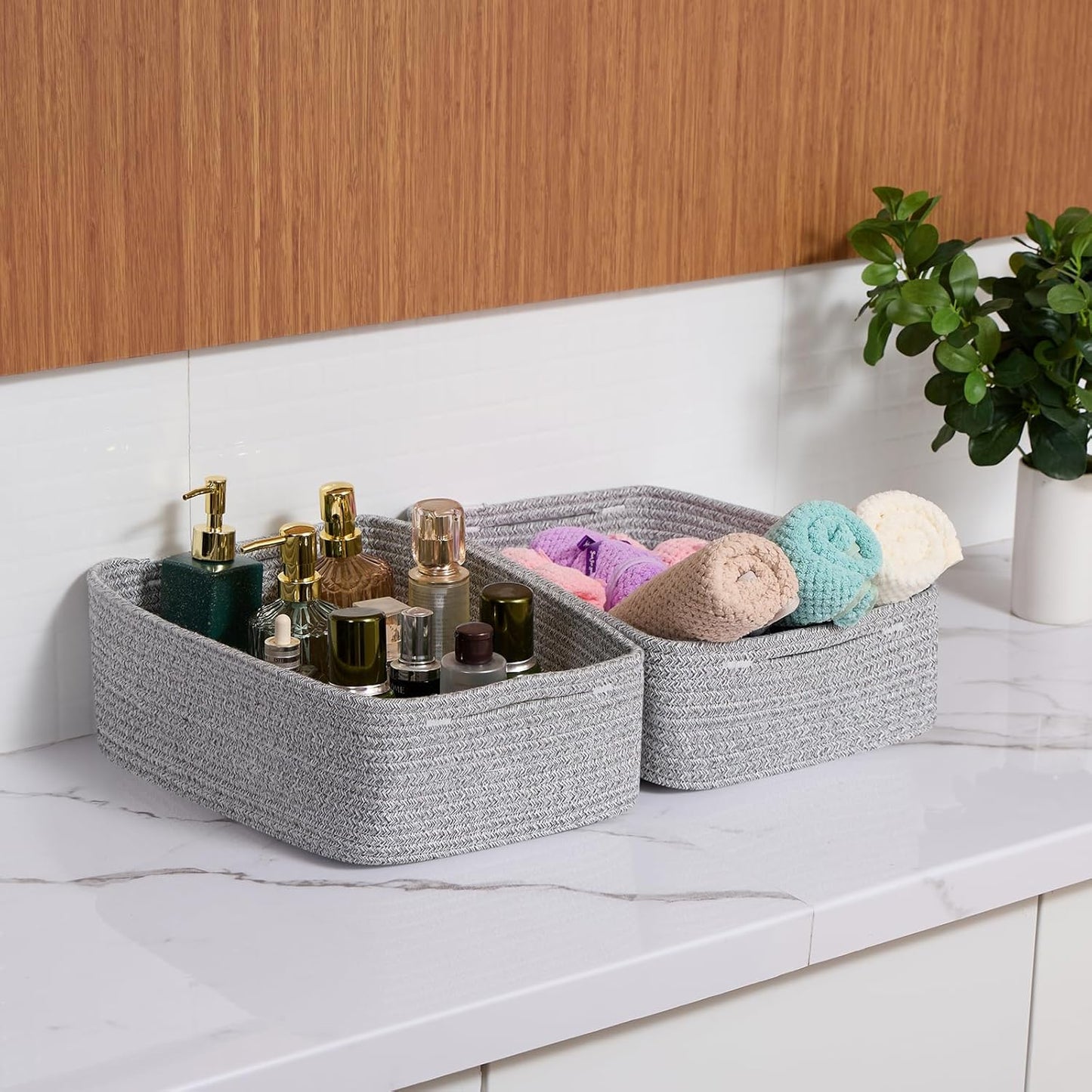 Large Shallow Organizing Baskets 15x11x5.1 Inches - Rope Woven Storage Bins for Bathroom, Shelves, Cube Closet, Mixed Grey 2 Packs