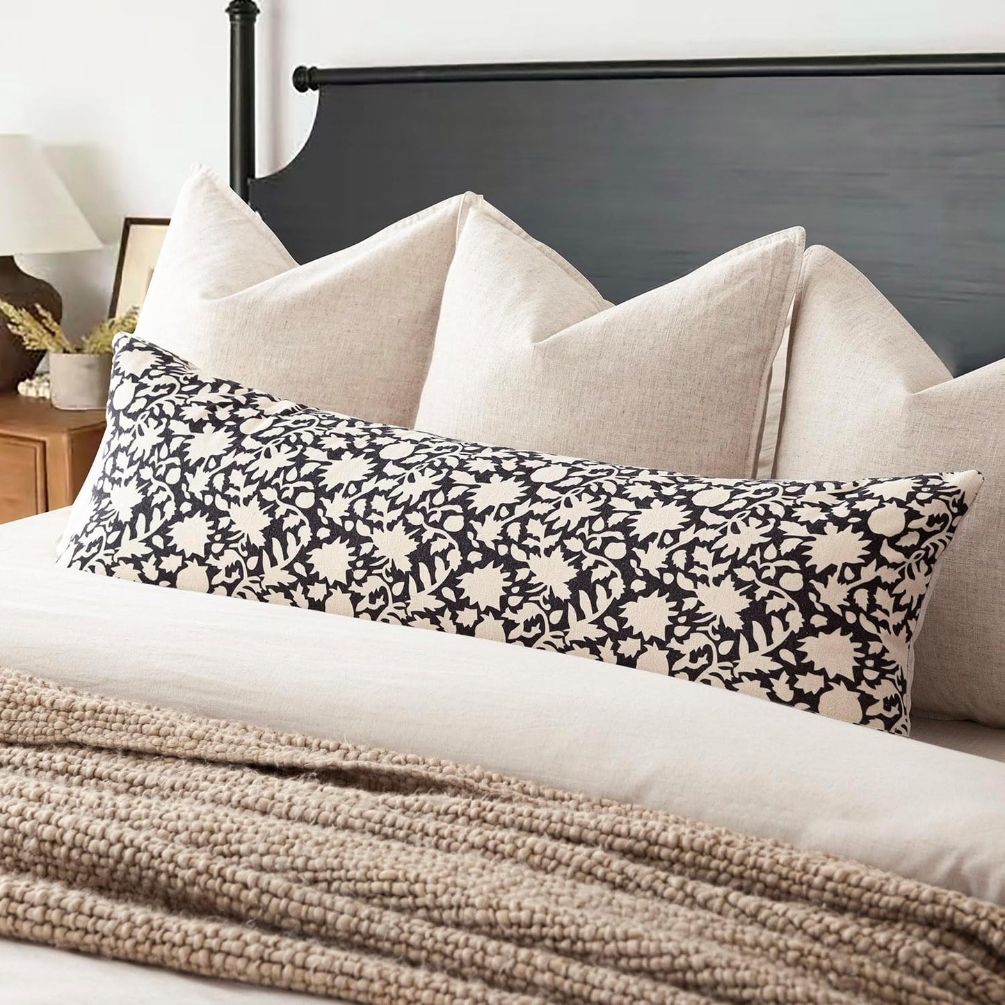 Foindtower Set of 2 Decorative Long Body Lumbar Throw Pillow Covers Accent Farmhouse Cushion Covers Neutral Vintage Pillowcase for Couch Sofa Bedroom Living Room Home Decor Outdoor14×36 Inch,Black