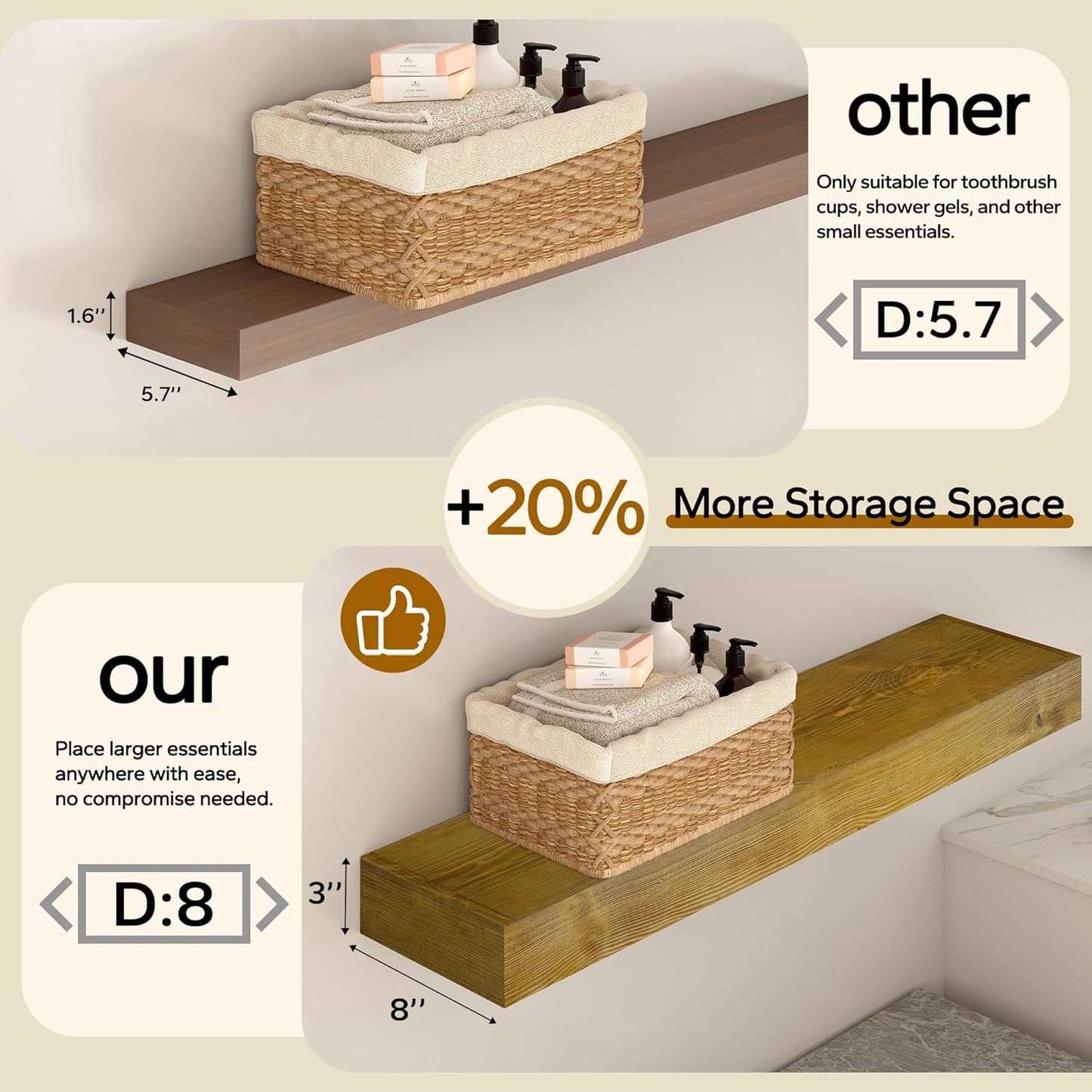 Floating Shelves 3 inch Thick for Wall Set of 2,Solid Pine Wood Wall Mount Shelf for Kitchen Living Room Bedroom Bathroom,8" D x 36" L x 3" H-Gold Oak