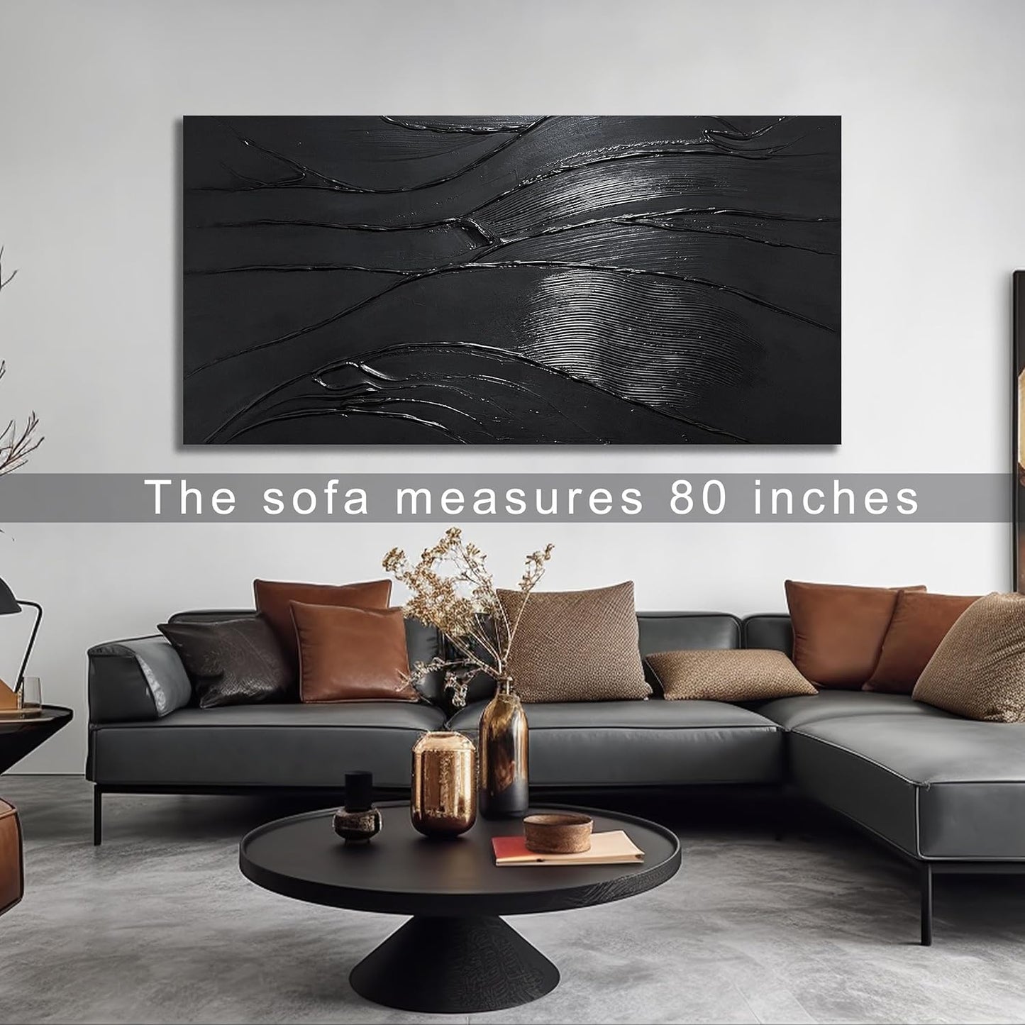 Modern Oil Painting Wall Art For Living Room Black Abstract Canvas Wall Art For Office Huge Artwork For Hotel Size 36 x 72 Inch