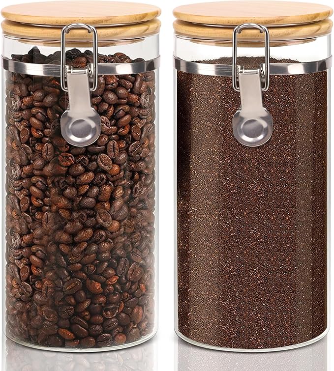 Glass Storage Jars Set Elegant Containers with Airtight Bamboo Lids, Perfect for Kitchen Organization - Flour, Rice, Pasta, Sugar, Coffee Beans, Accessories Included (Coffee Jar x 2)