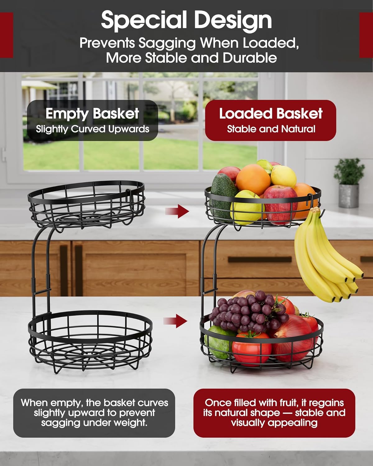 Fruit Basket for Kitchen Counter - 2-Tier Large Capacity Fruit Bowl with Detachable Banana Hanger, Rust-Proof Metal Fruit Holder for Vegetables, Bread, Toiletry,10" D x 10" W x 14" H, Black