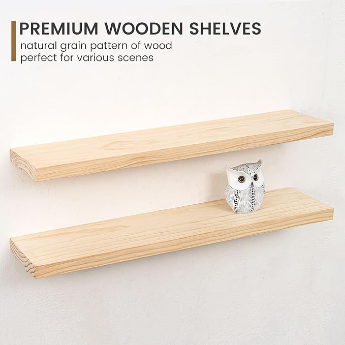 Fun Memories 36 Inch Floating Shelves for Wall, Deep Rustic Solid Pine Wood Wall Shelves for Storage - Farmhouse Wall Mounted with Heavy-Duty Metal Bracket, 36" W x 8" D, Set of 2,Unfinished