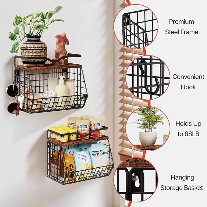 2 Pack Fruit Bowl Hanging Fruit Basket for Kitchen Counter ,Stackable Wire Baskets for Onion Storage and Potato Storage with Wood Lid,Vegetable Fruit Basket with Banana Hooks