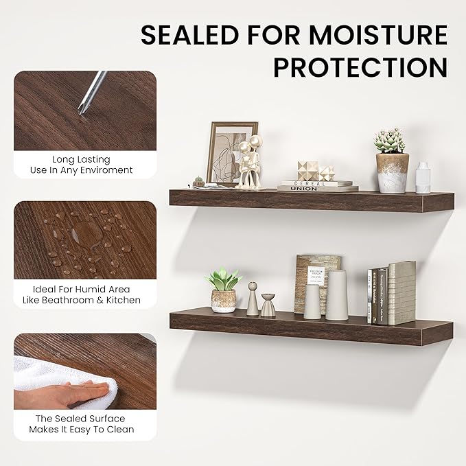 Floating Shelves for Wall, 72"W x 9.3"D x 1.5"H, Long Wooden Wall Mounted Display Shelves with Invisible Brackets for Living Room, Bedroom, Bathroom, Kitchen Decor and Storage, Set of 1, Walnut