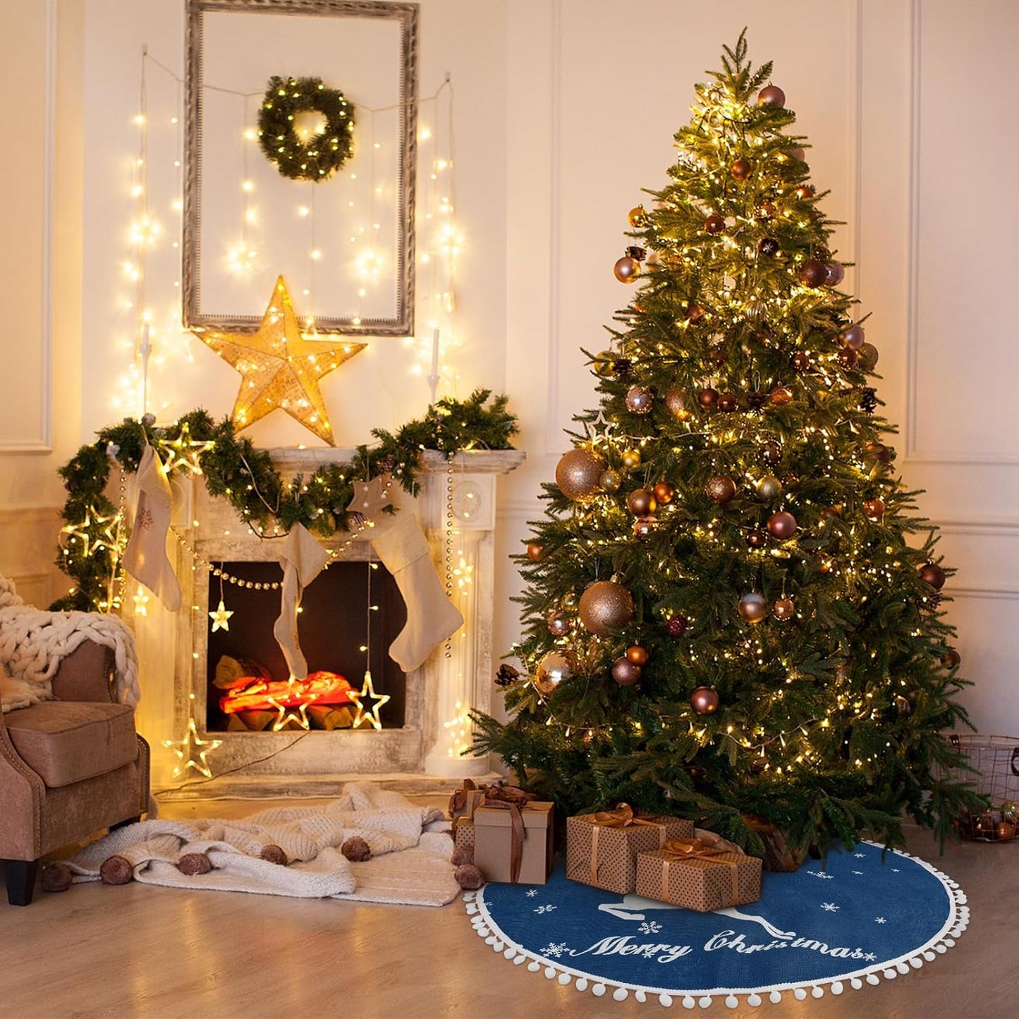 48 Inch Christmas Tree Skirt, Burlap Blue Christmas Rustic Tree Skirt with Elk Deer and White Snowflake Printed for Holiday Party Xmas Tree Decoration