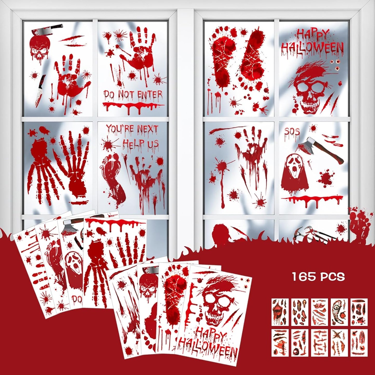 Halloween Decorations 165 PCS, 8 Sheets Bloody Handprint Footprint Halloween Wall Decal Floor Window Stickers,10 Sheets Wound Tattoo Stickers, Scary Party Decorations Window Stickers