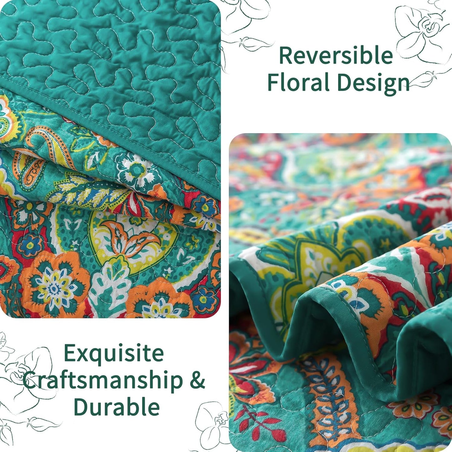 VAPUTAR Cotton Bedspreads Queen Size with Floral Pattern, 3 Pieces Soft Lightweight Reversible Quilted Bedspread Coverlet(90*98 inch), Farmhouse Style Queen Quilt Bedding Set Suitable for All Season