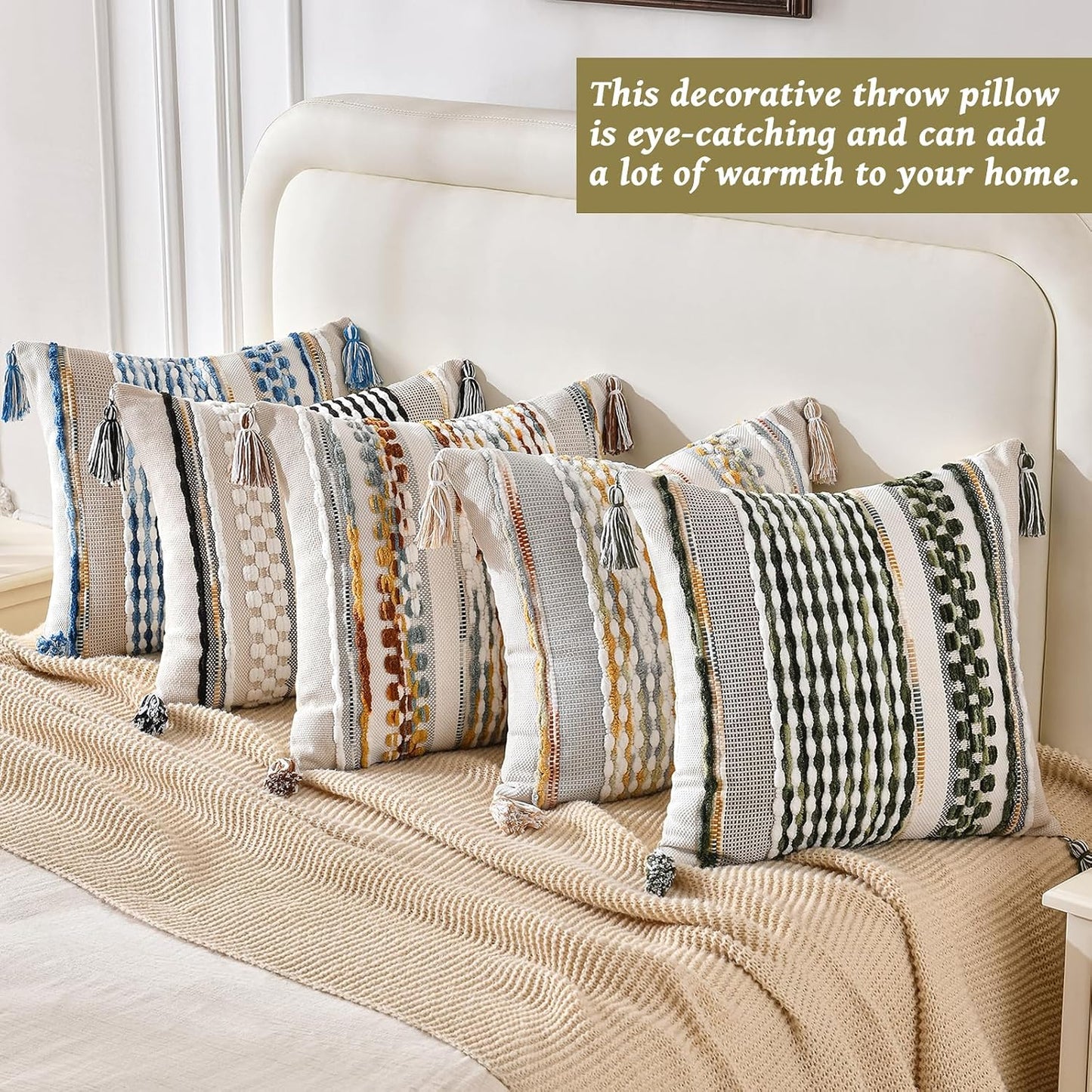 AmHoo Set of 2 Chenille Striped Textured Boho Throw Pillow Covers Aesthetic with Tassels Woven Decorative Pillow Case for Couch Bed Sofa Bedroom Modern Funky 18 x 18-Inch Black