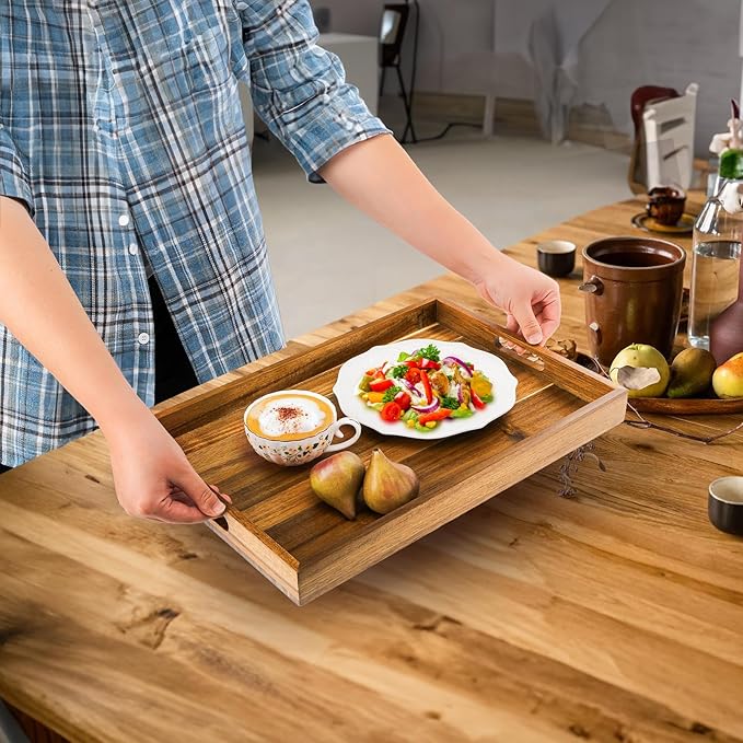 YOUEON 2 Pack Large Acacia Wood Serving Tray with Handles, 17x12 Inch Decorative Wood Trays for Serving Food, Party, Rectangle Ottoman Tray, Coffee Table Trays for Bed, Living Room, Kitchen
