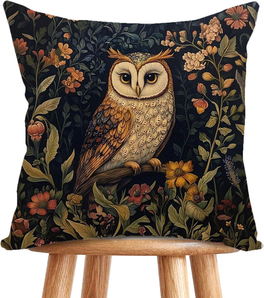 YOU FOUND ME William Morris Abstract Vintage Floral Velvet Owl Design Throw Pillow Covers Home Decor, Retro Art Deco Pillowcase Cushion Cover for Bed Sofa Living Room, Square 18x18inch (Brown-Owl)