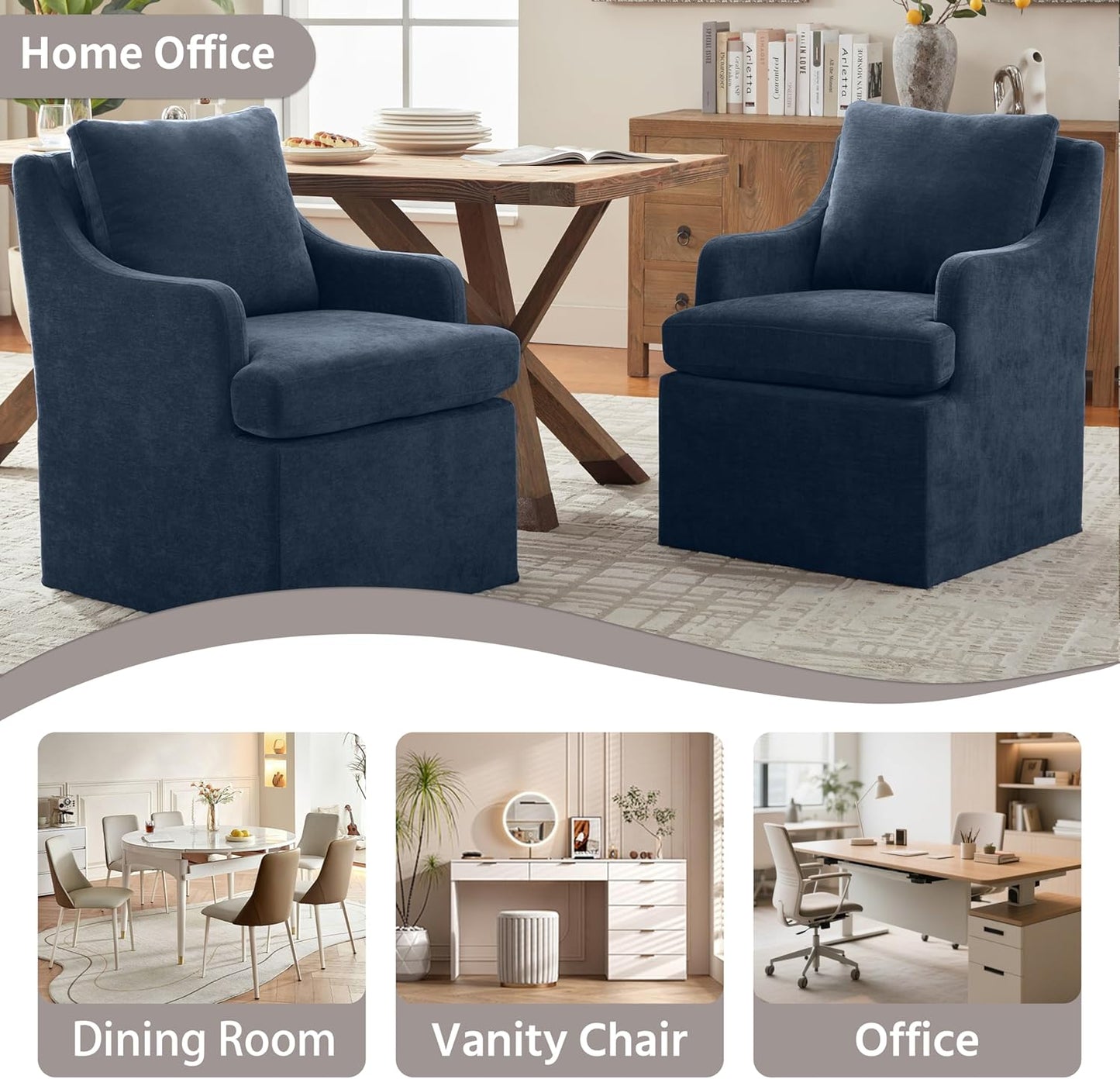 VKNOW Upholstered Dining Chairs, Modern Kitchen Chairs Dinner Chairs with 4 Casters, Linen Armchair for Bedroom Reading Room Living Room, Navy