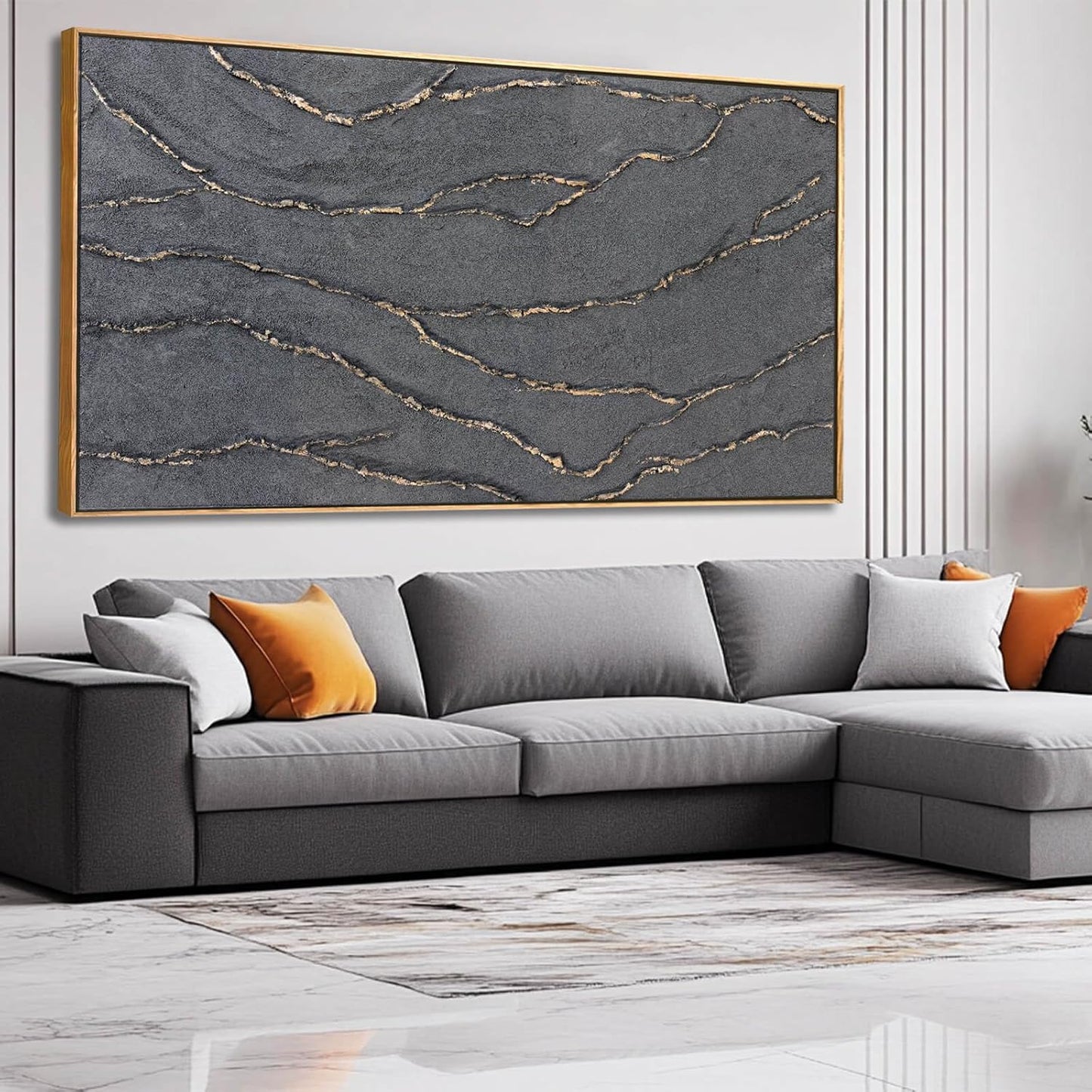 Gold and Grey Wall Art Framed Pictures Wall Decor Neutral Artwork Hand Painted 29"x58" Abstract Wall Art for Living Room Dining Room Kitchen