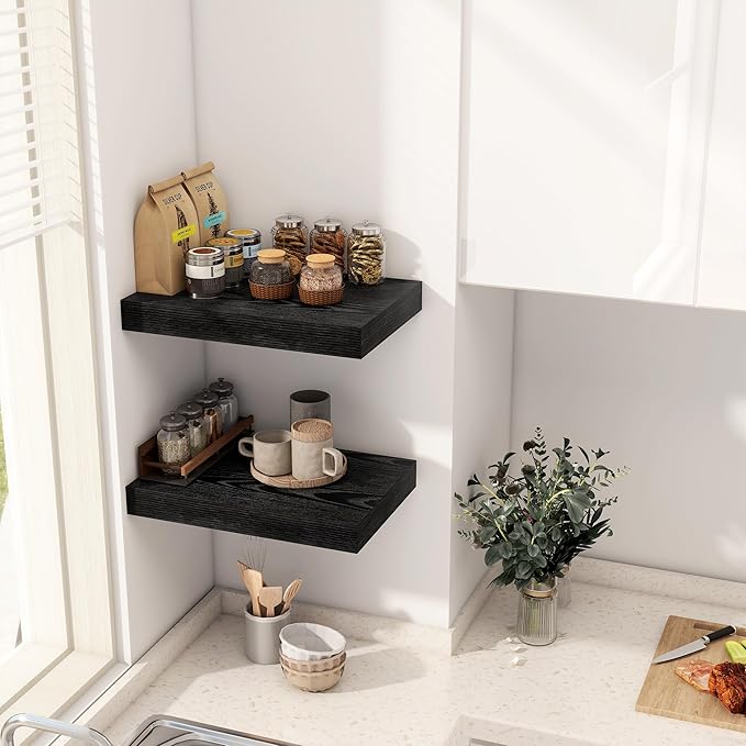 12 Inch Deep Black Floating Shelves, 16 x 12 Floating Shelf for Books, Rustic Wood Deep Wall Shelves for Home Storage & Display, 2" Thicked Shelves for Kitchen, Living Room, Bedroom, 2 Pack