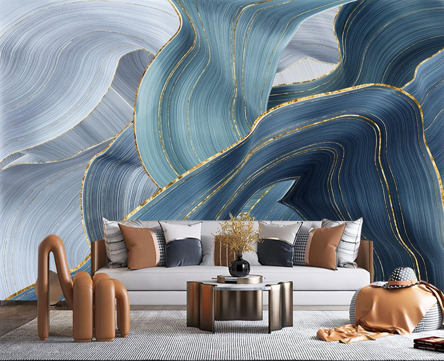 Gilding Marble Blue Wall Mural Wallpaper for Bedroom 103" x 69"