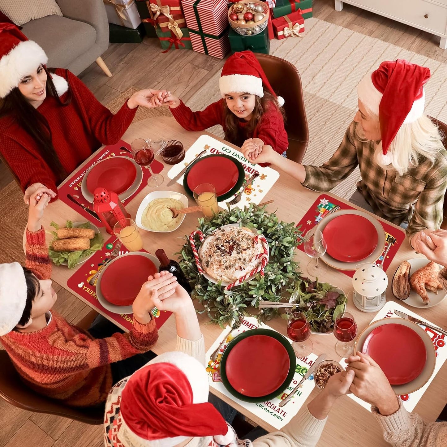 Gingerbread Christmas Placemats Set of 6 Gingerbread Candy Plastic Table Mats Hot Cocoa Place Mats Xmas Gnome Tree Washable Table Decoration for Indoor Outdoor Party Kitchen Dining