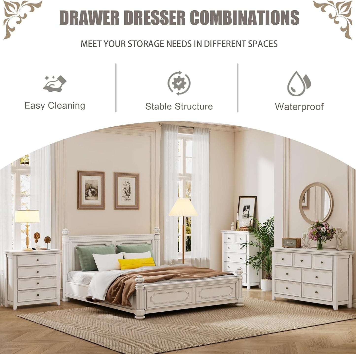 BLANKSPACE White 7 Drawer Dresser, Modern Dresser for Bedroom, Wood Drawer Organizer with Metal Knobs, Large Capacity Wood Cabinet for Bedroom