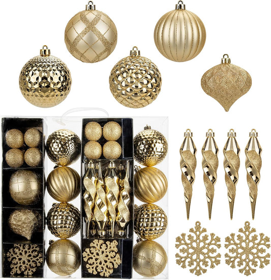 50PCS Christmas Tree Ornaments Set with Shatterproof Balls Icicle Snowflake Hanging Ornaments for Home Office Farmhouse Christmas Decorations, Gold