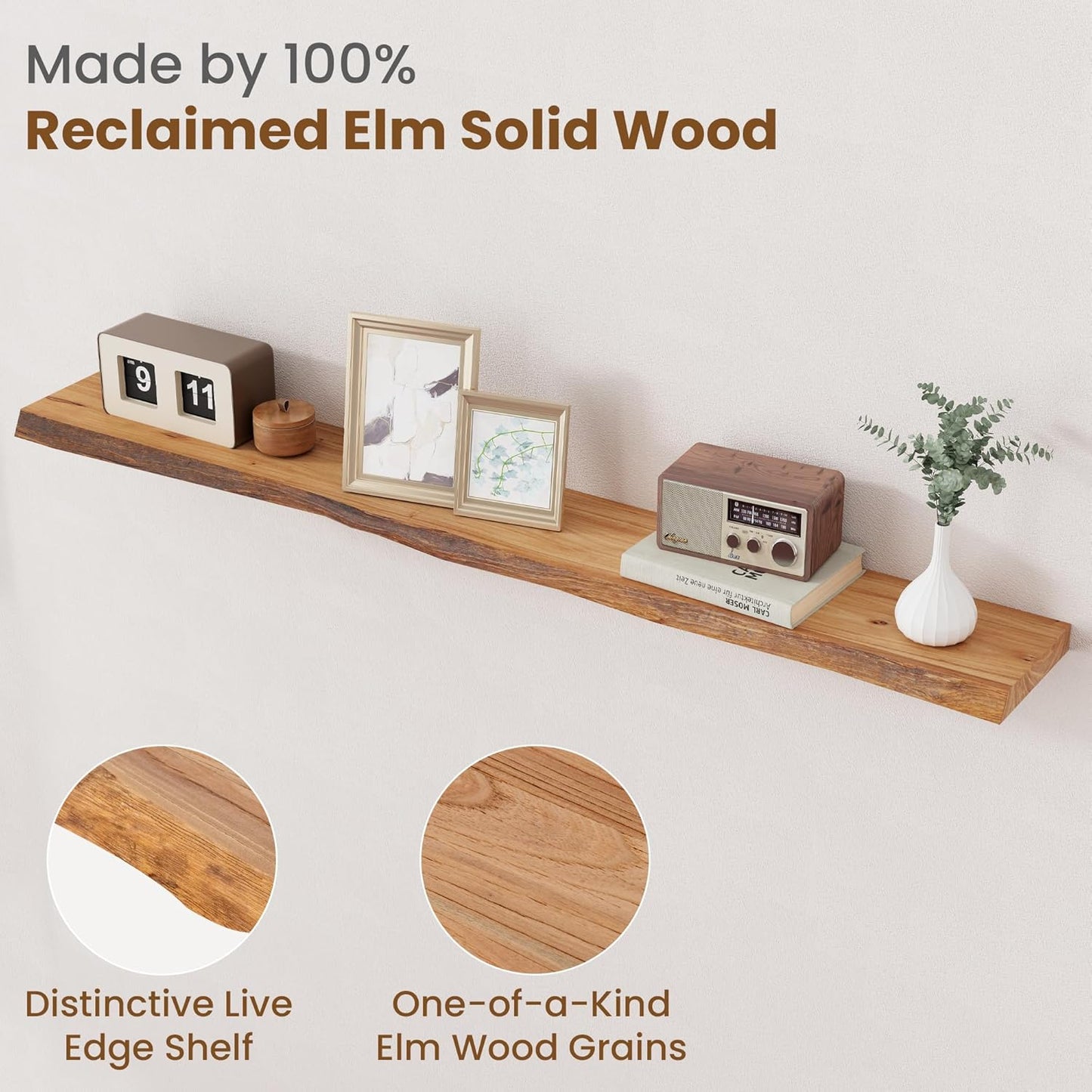 Floating Shelves for Wall Decor, Rustic Solid Elm Wood Floating Shelves Wall Mounted, Wall Shelves with Invisible Bracket for Living Room Bathroom Bedroom Kitchen, 55 Inch, Natural