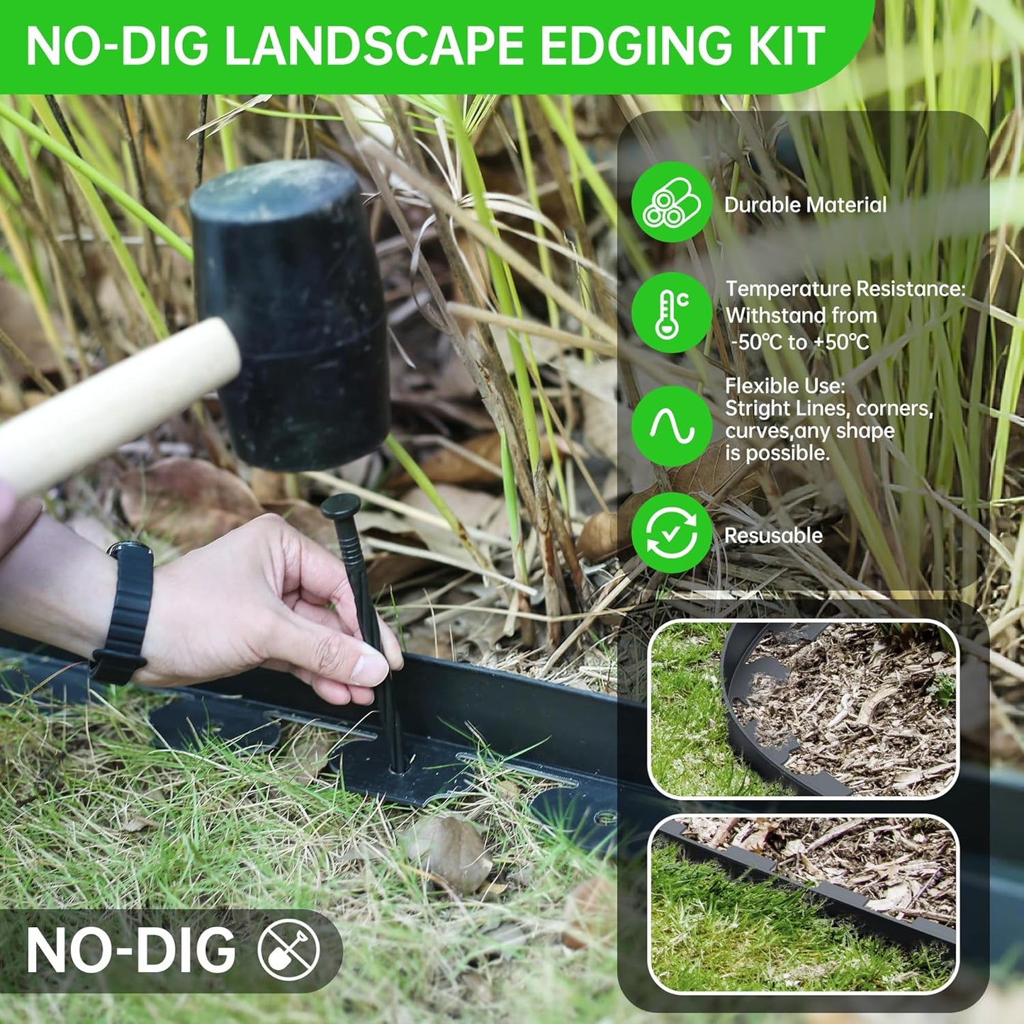 2" Tall 40ft No Dig Landscape Edging Border with 60PCS 8" Plastic Spikes & 4 PCS Connectors - Garden Lawn Edging Kit with a Shears for Landscaping, Lawn, Flower Beds and Yard