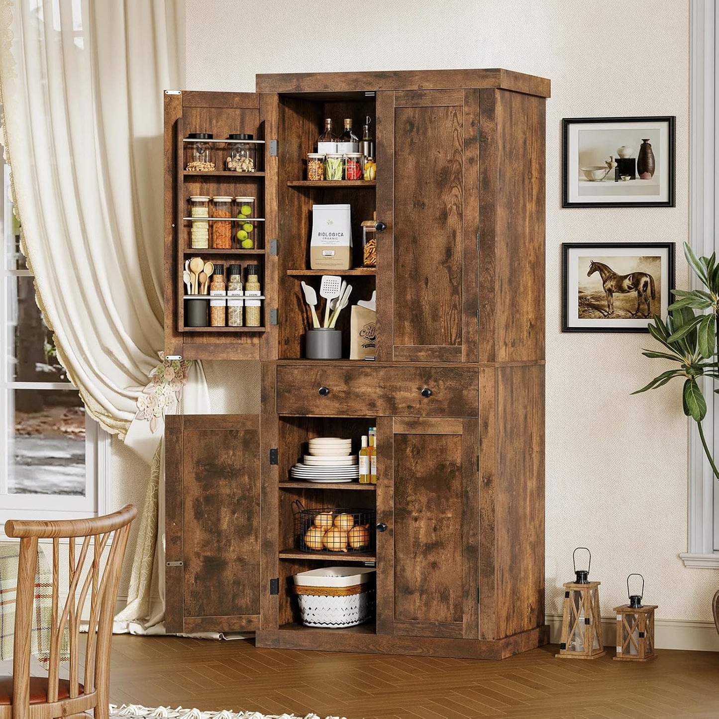 usikey 72” Kitchen Pantry Cabinet, Tall Storage Cabinet with 4 Doors and 1 Drawer, Freestanding Cupboard with 6 Hanging Shelves and Adjustable Shelves for Kitchen, Living Room, Rustic Brown