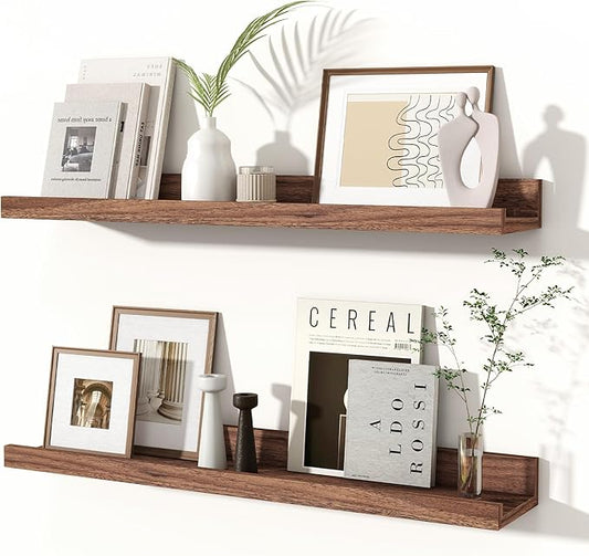 Fun Memories Picture Ledge Shelves Set of 2, 24 Inch Rustic Wall Mounted Floating Shelves with Lip for Home Storage and Décor in Bathroom, Kitchen, Nursery, Bedroom, Living Room, Walnut