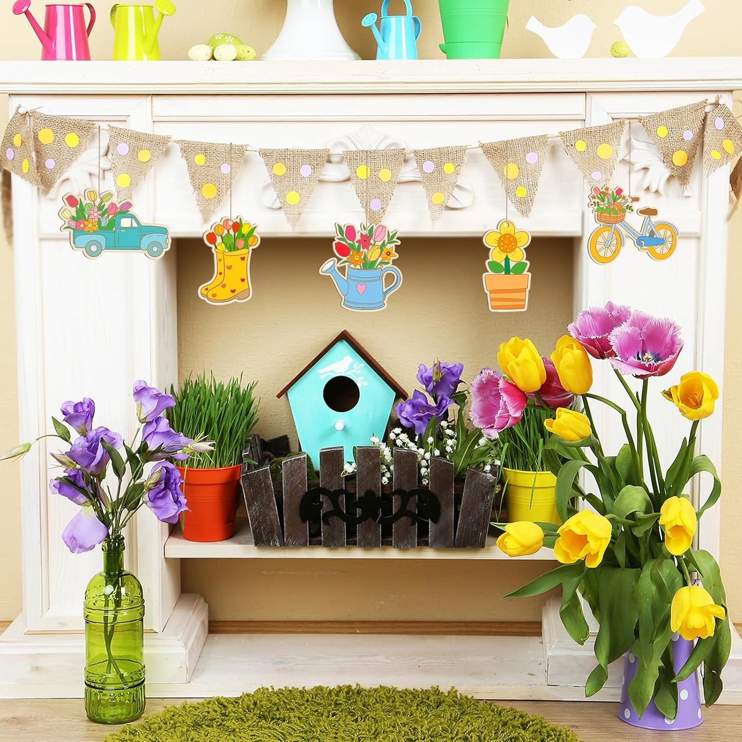 36 PCS Wooden Spring Ornaments to Paint, 12 Styles DIY Blank Unfinished Wood Flower Cutouts Butterfly Ornament for Crafts Hanging Decorations, Cute Bee Flower Shape Home Decorations Gifts