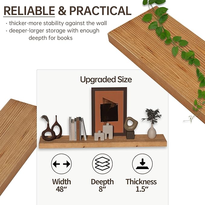Floating Shelves for Wall, USA-Sourced Fir Wood 48 Inch Wall Shelves Set of 1, Natural Rustic Solid Wooden Floating Shelves Wall Mounted, Nursery Book Storage Shelf, Display Shelf for Bathroom