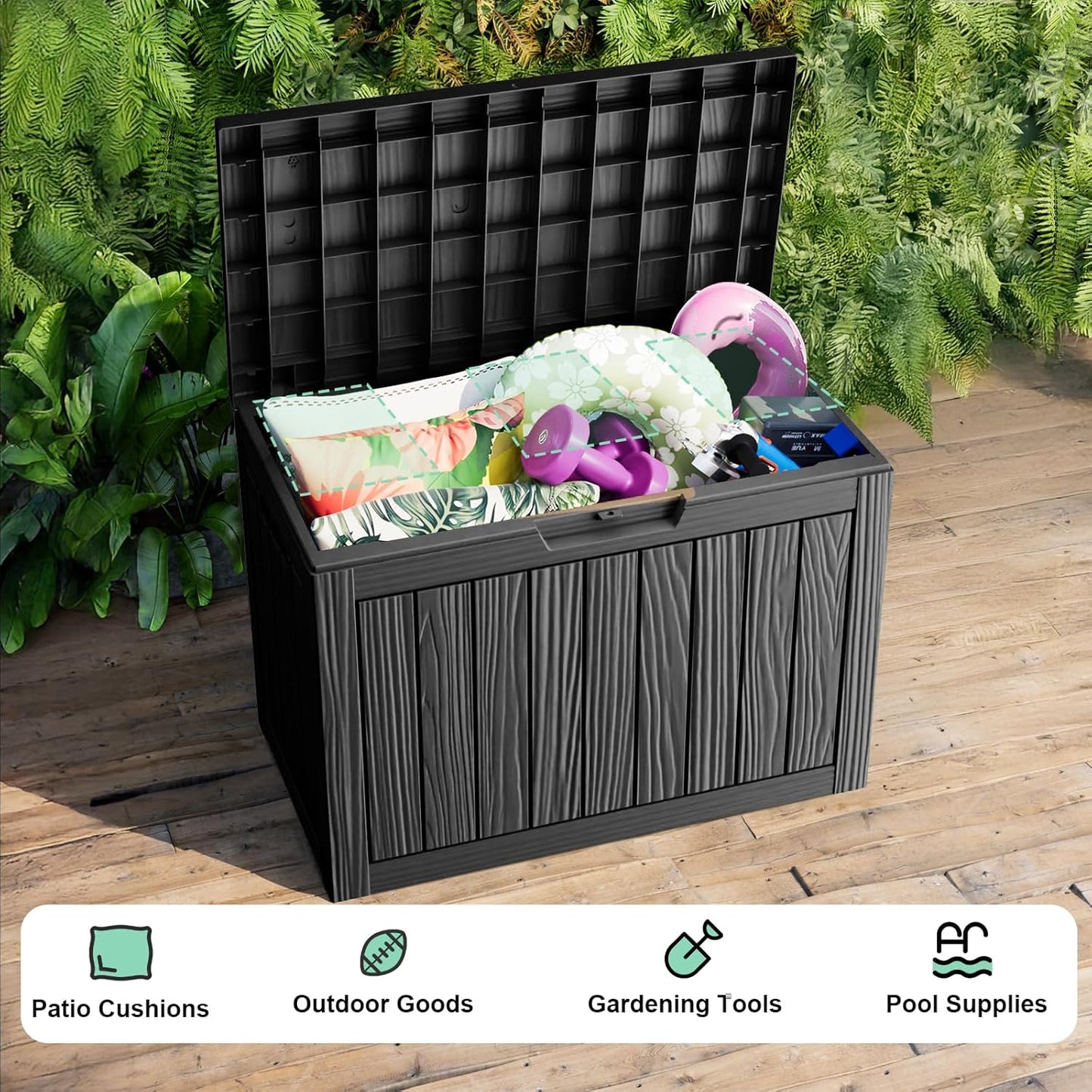45 Gallon Resin Deck Box, Lockable Outdoor Storage Box for Patio Cushions Storage Furniture,Garden Tools, Pool Supplies, Weatherproof and UV Resistant（Black）