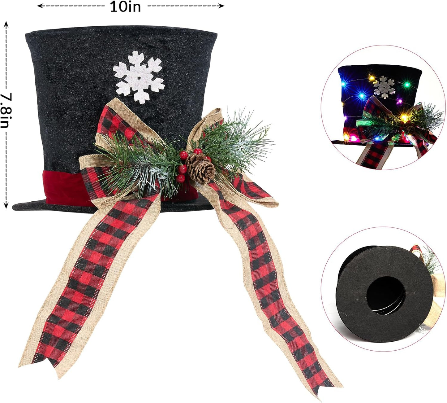 GENMOUS Christmas Hat Tree Topper, Buffalo Plaid Snowflake Christmas Tree Topper Bows with Light, Xmas Tree Top Ornament Home Decorations Ideal Gifts