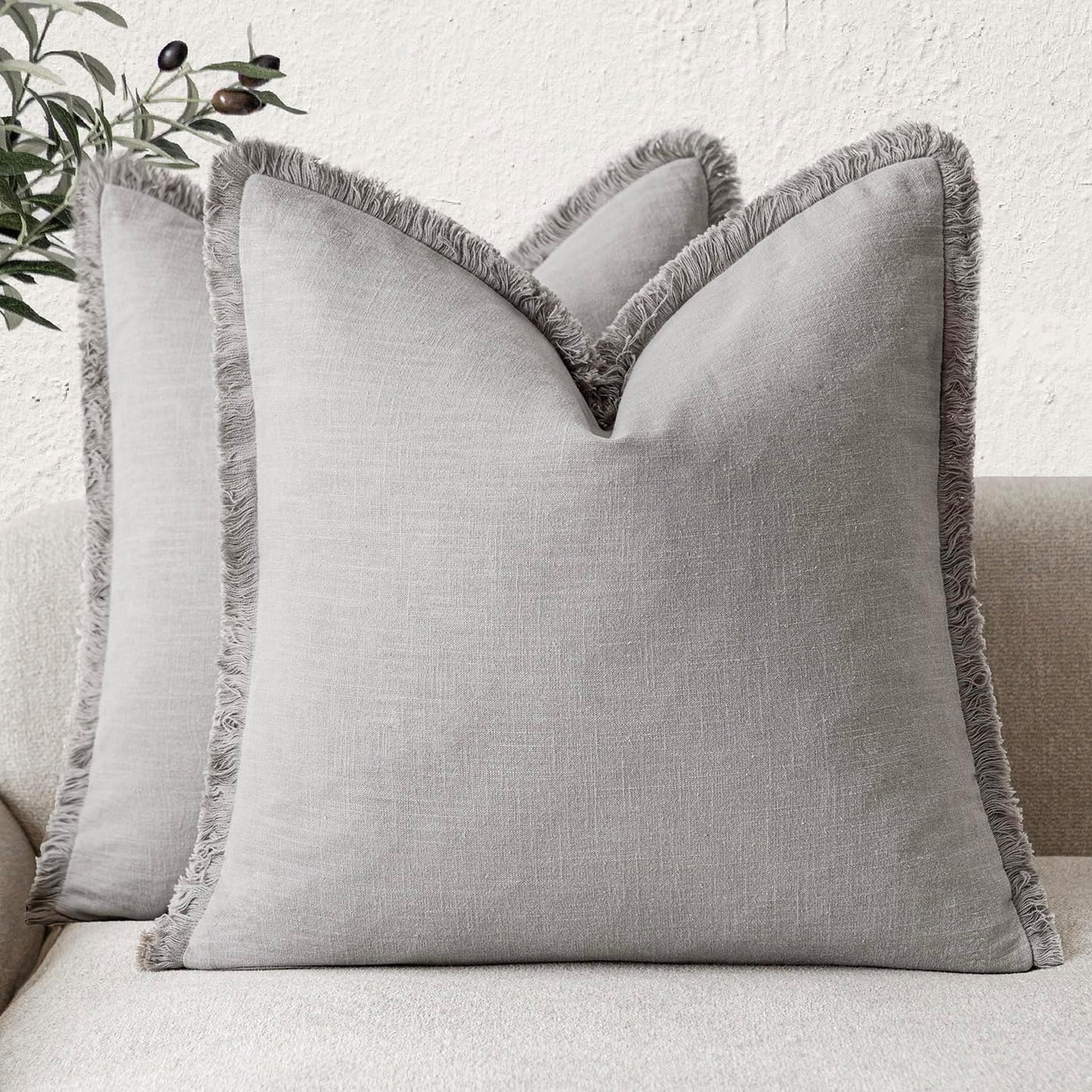 Foindtower Set of 2 Decorative Linen Fringe Throw Pillow Covers Cozy Farmhouse Cushion Cover with Tassels Accent Pillowcase for Couch Chair Sofa Bed Living Room Home Decor,22×22 Inch,Light Rustic Gray
