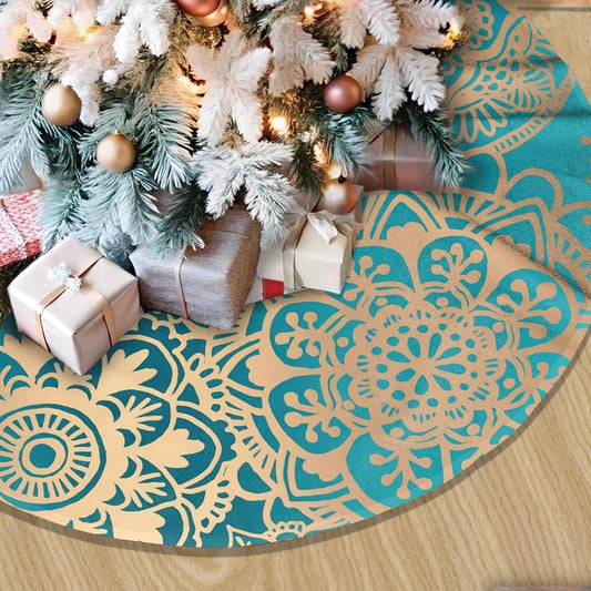 48" Large Christmas Tree Skirt, Elegant Teal Green Mandala Pattern Pattern Tree Mat Base Cover for Xmas Festive Holiday Party Decoration Ornaments