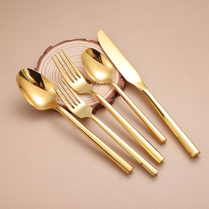 Mirror Silverware Set Gold Flatware Set with Hexagon Handle 20 Pieces 18/0 Stainless Steel Cutlery Set Wedding Housewarming Gift Service for 4 (Mirror gold)