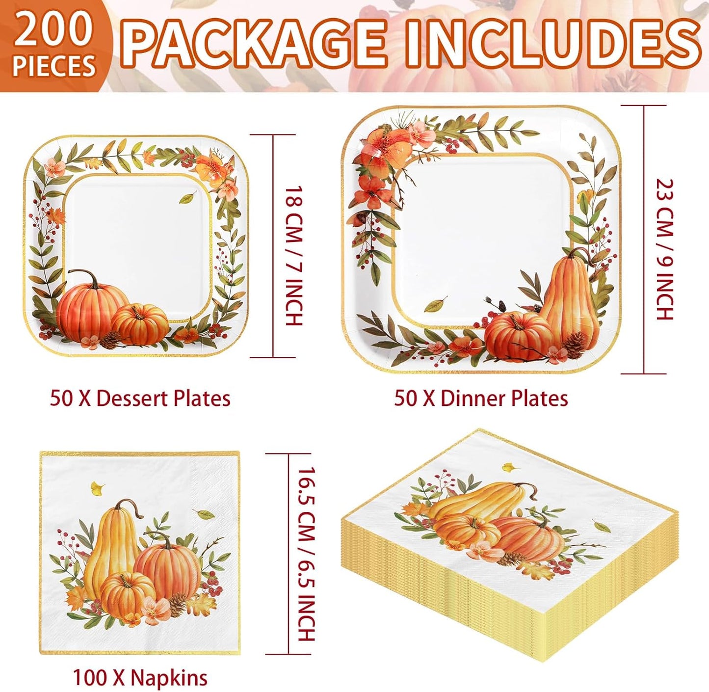 Grencian 200Pcs Fall Plates and Napkins Thanksgiving Plates Pumpkin Flower Wreath Plate Disposable Pumpkin Tableware Fall Party Supplies for Autumn Harvest Thanksgiving Party Decorations, Serves 50