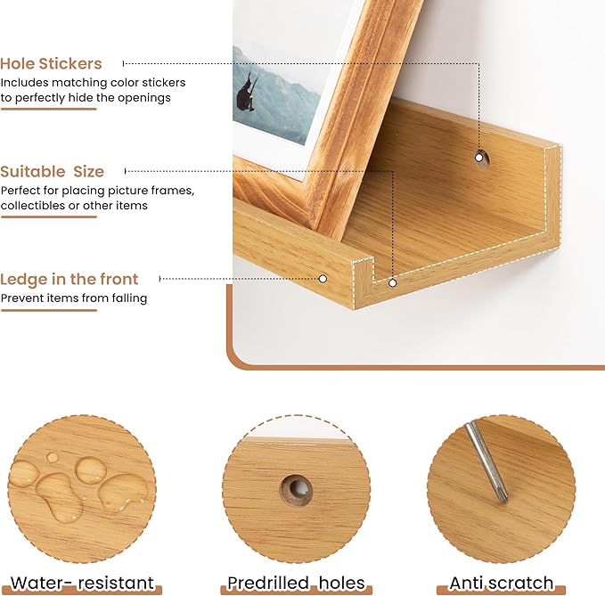 Fun Memories Picture Ledge Shelves Set of 2, 48 Inch Rustic Wall Mounted Floating Shelves with Lip for Home Storage and Décor in Bathroom, Kitchen, Nursery, Bedroom, Living Room, Oak