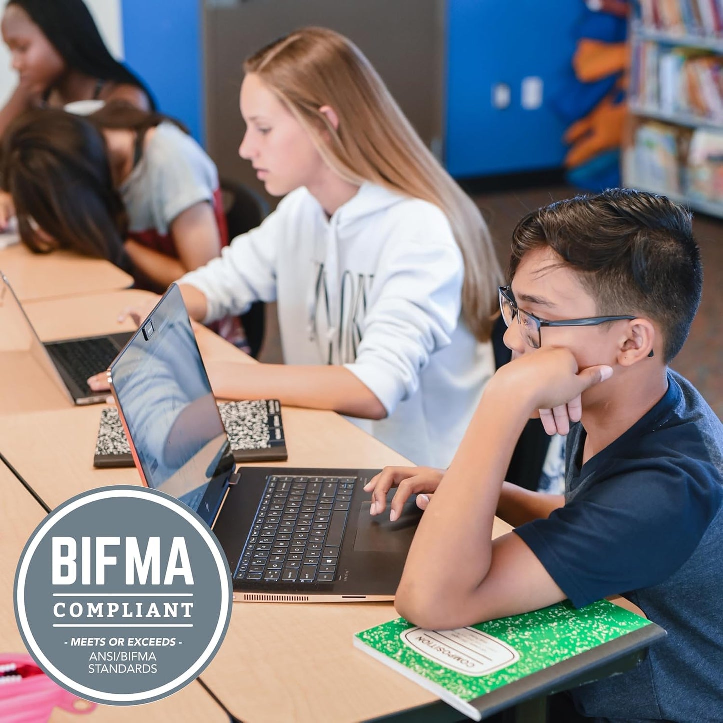 Factory Direct Partners FDP Rectangle (24 x 48 inch) Classroom Table with Adjustable Chunky Toddler Legs (15-24 in); Preschool, Kinder and Daycare Furniture - Pasadena Oak Top/Black Edge and Legs