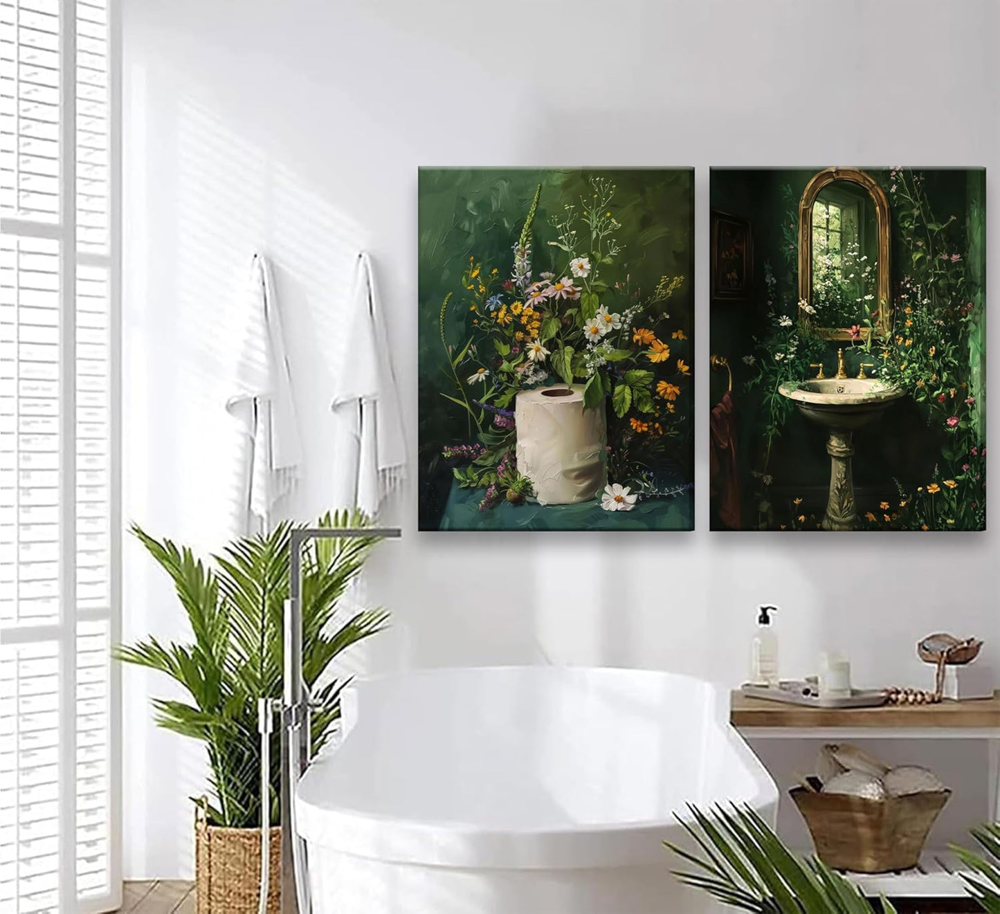 3Pcs Framed Vintage Dark Green Bathroom Wall Art Shower Toilet Paper Roll Floral Poster Print Modern Farmhouse plants Painting Picture Wall Decor For Bathroom Living Room Decoration