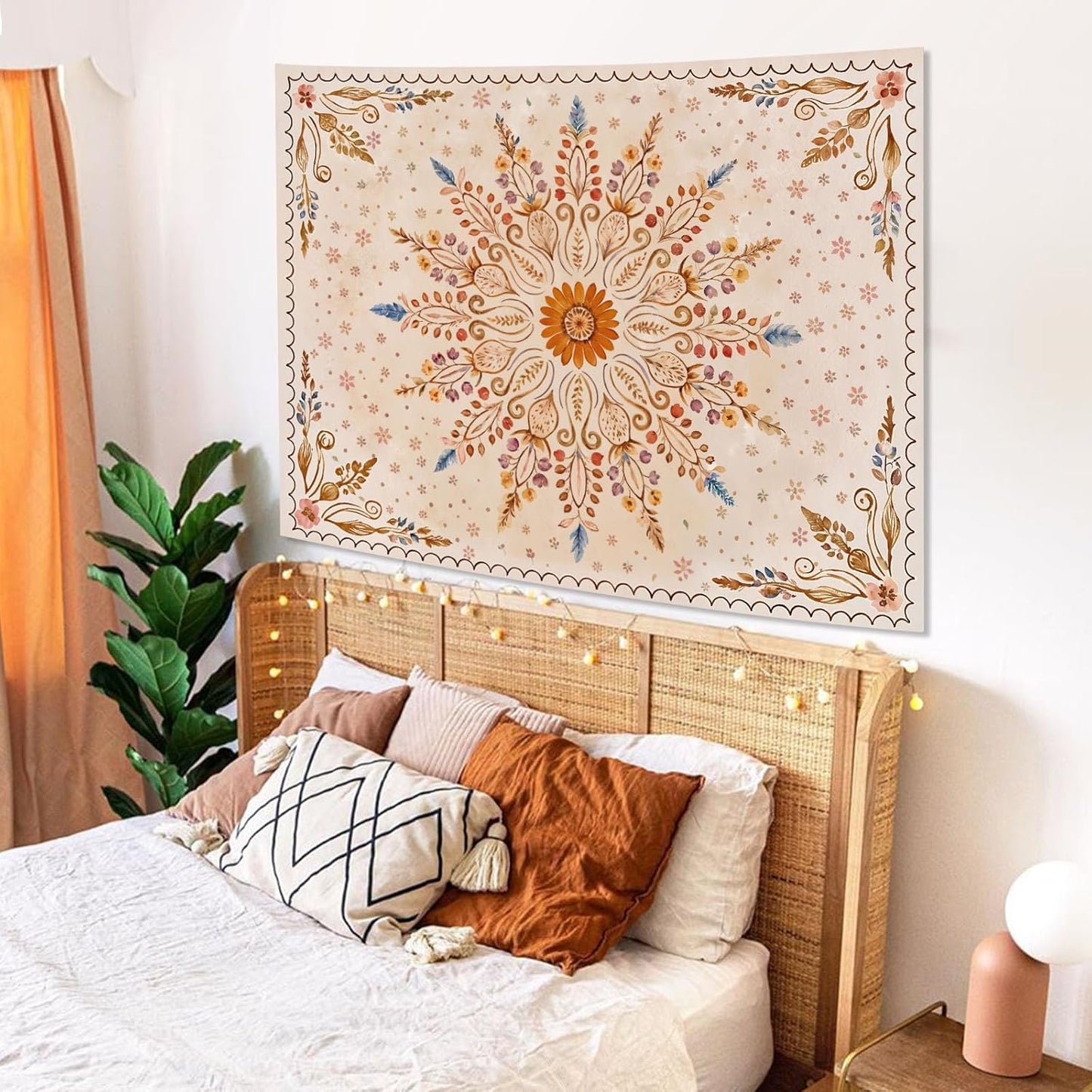 Fowocu Boho Floral Mandala Tapestry for Bedroom Aesthetic Watercolor Bohemian Flower Wall Tapestry Brown Beige Hippie Indian Small Tapestries Wall Hanging for Living Room Dorm Decor 48 x 36 Inch