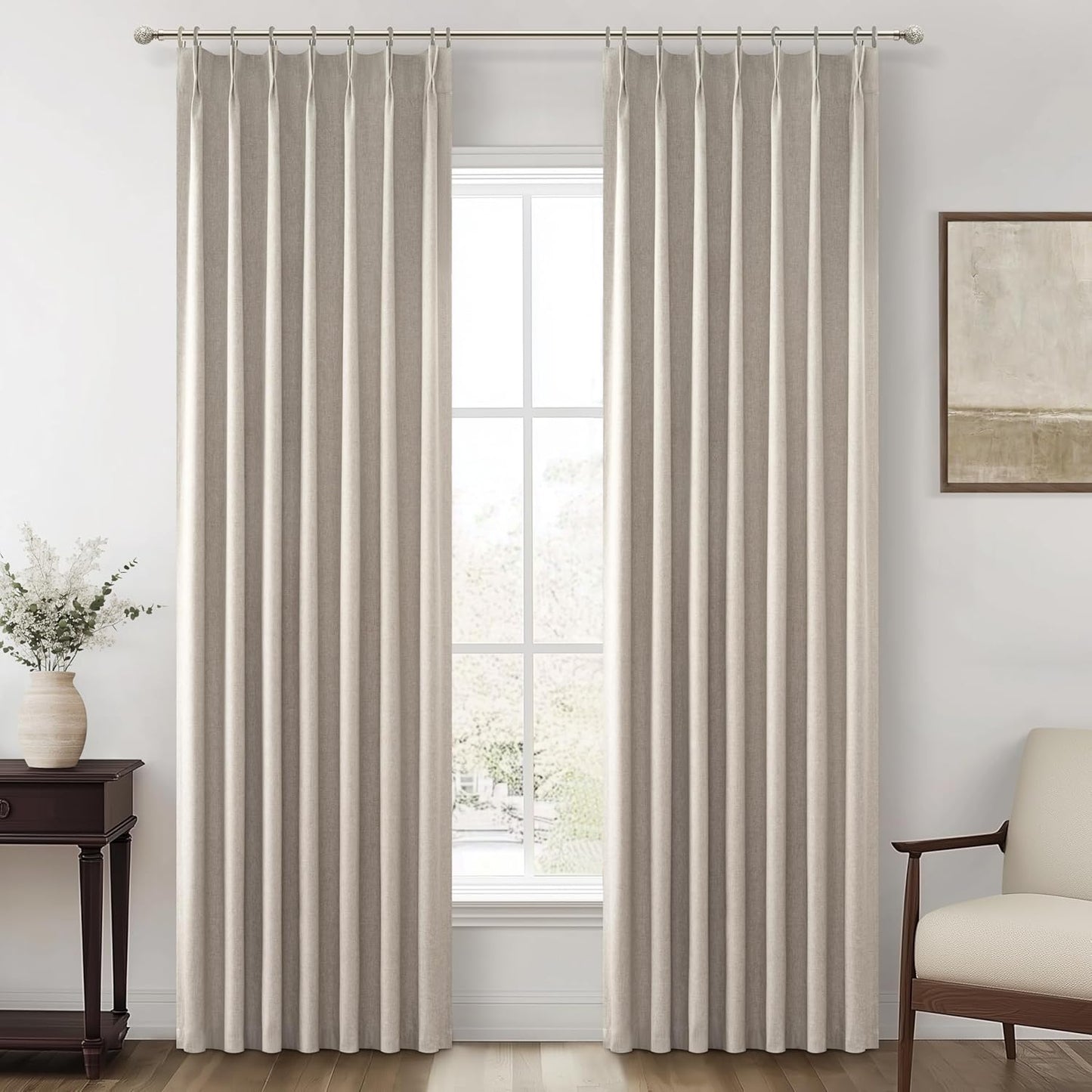 Grey Beige Linen Pinch Pleated Viral Thick Curtains Blackout & Drapes 84 Inch Length 2 Panels Set for Living Room, Black Out Windows Bug with Memory Trained Back Tab for Traverse Rods (40"Wx84"Lx2)
