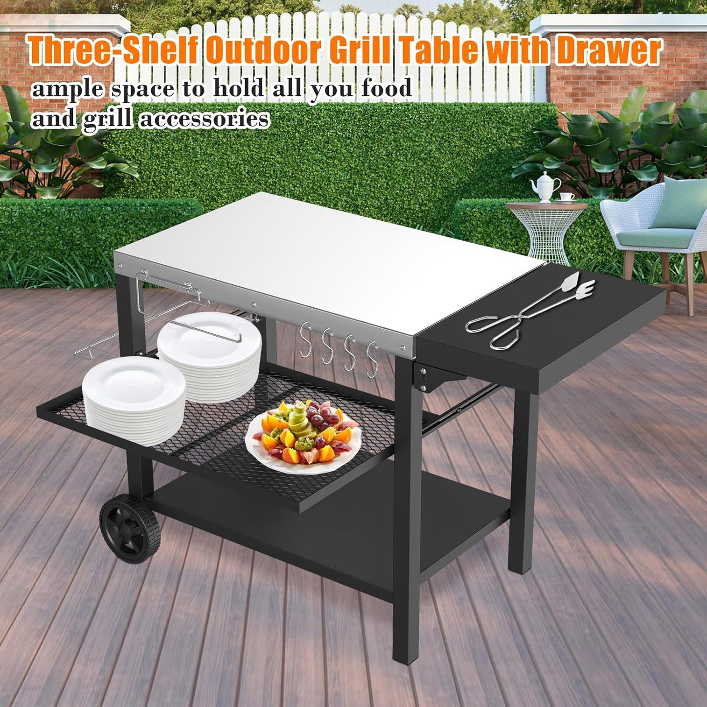 Grill Cart, Outdoor Grill Table, Pizza Oven Stand, Three-Shelf BBQ Table, Movable Dining Cart with Drawer, Fits for Ninja Woodfire Grill, Blackstone Griddle,Tabletop Grill