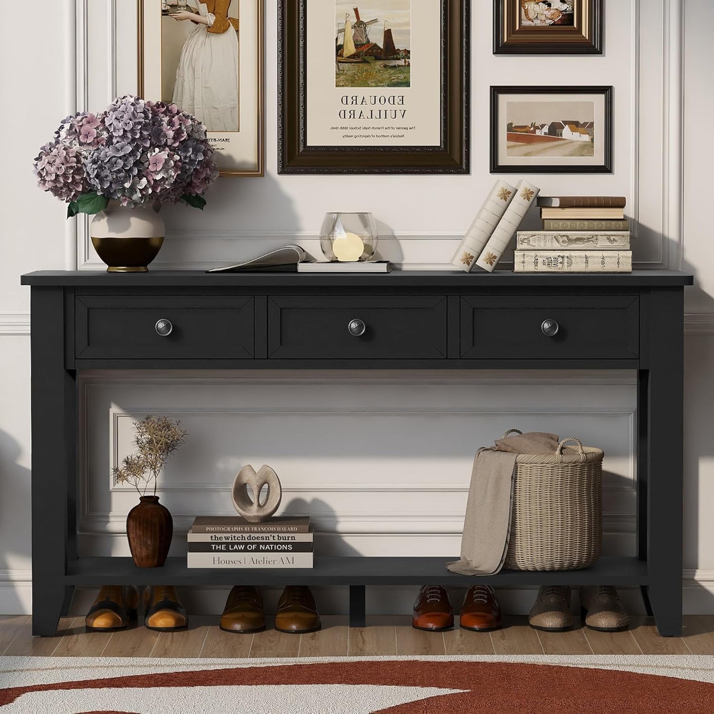 Farmhouse Modern Console Table 55.4-Inch Entryway Sofa Table with Drawers & Storage Shelf for Living Room Hallway Entrance, Black