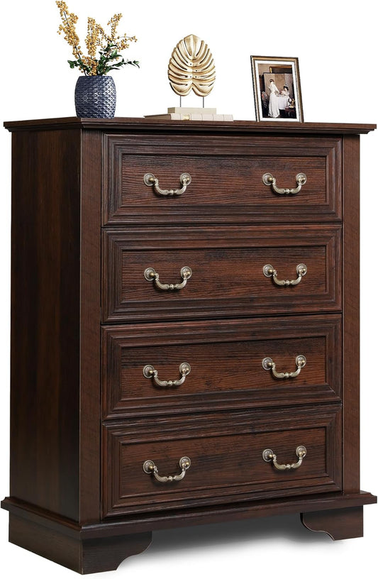 WLIVE Farmhouse Dresser for Bedroom, Tall Wood Dresser with 4 Drawers, Chest of Drawers with Roman Metal Handle for Living Room, Hallway, Closet, Rustic Brown