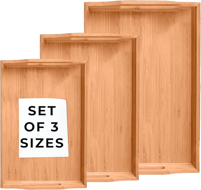 Prosumers Choice Wooden Tray - Light Brown Serving Trays with Handles - Nesting Design for Space Saving - Wooden Serving Tray for Food, Drinks, Snacks - Set of 3