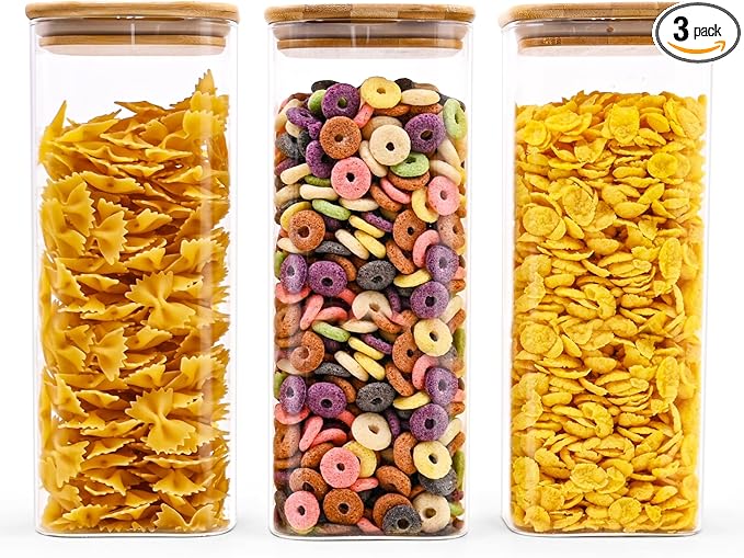 Glass Food Storage Jars Square 61oz, 3 Pack Glass Jars With Bamboo Lids, Kitchen Storage Containers For Spice, Candy, Cookie, Storage For Pantry Organizers