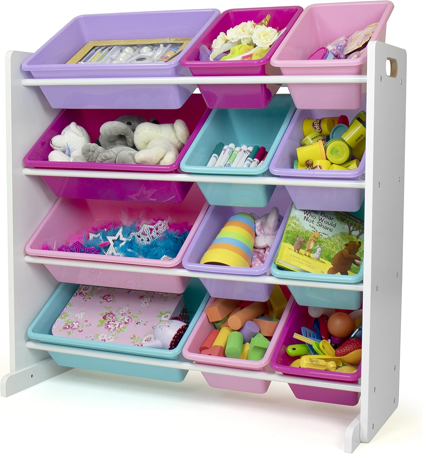 Humble Crew Kids Toy Storage Organizer with 12 Plastic Bins, White/Pink/Purple/Turquoise – Removable Bins for Playroom, Bedroom, Toddler Furniture for Boys and Girls Ages