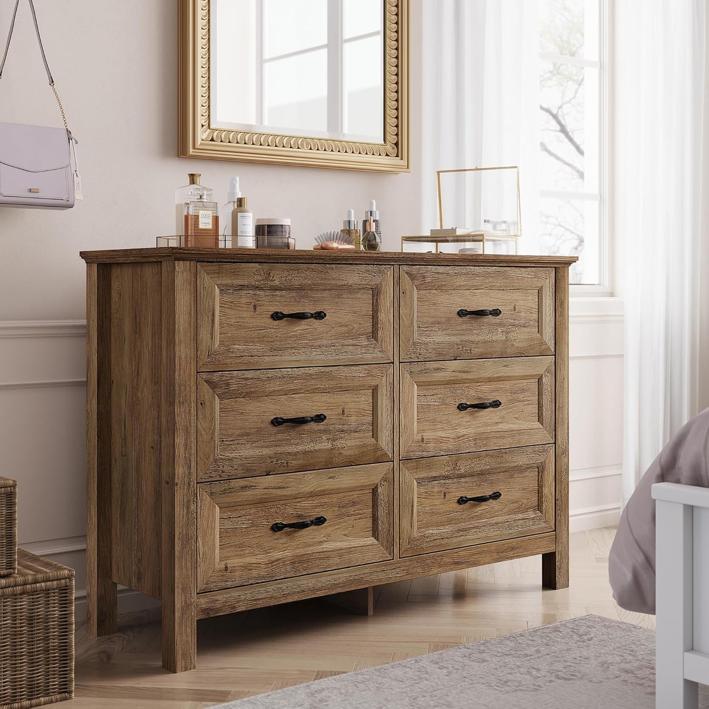 LINSY HOME 6 Drawer Double Dresser for Bedroom, Modern Farmhouse Wide Chest of Drawers, Dressers Organizer for Living Room, Closet, Hallway, Rustic Brown