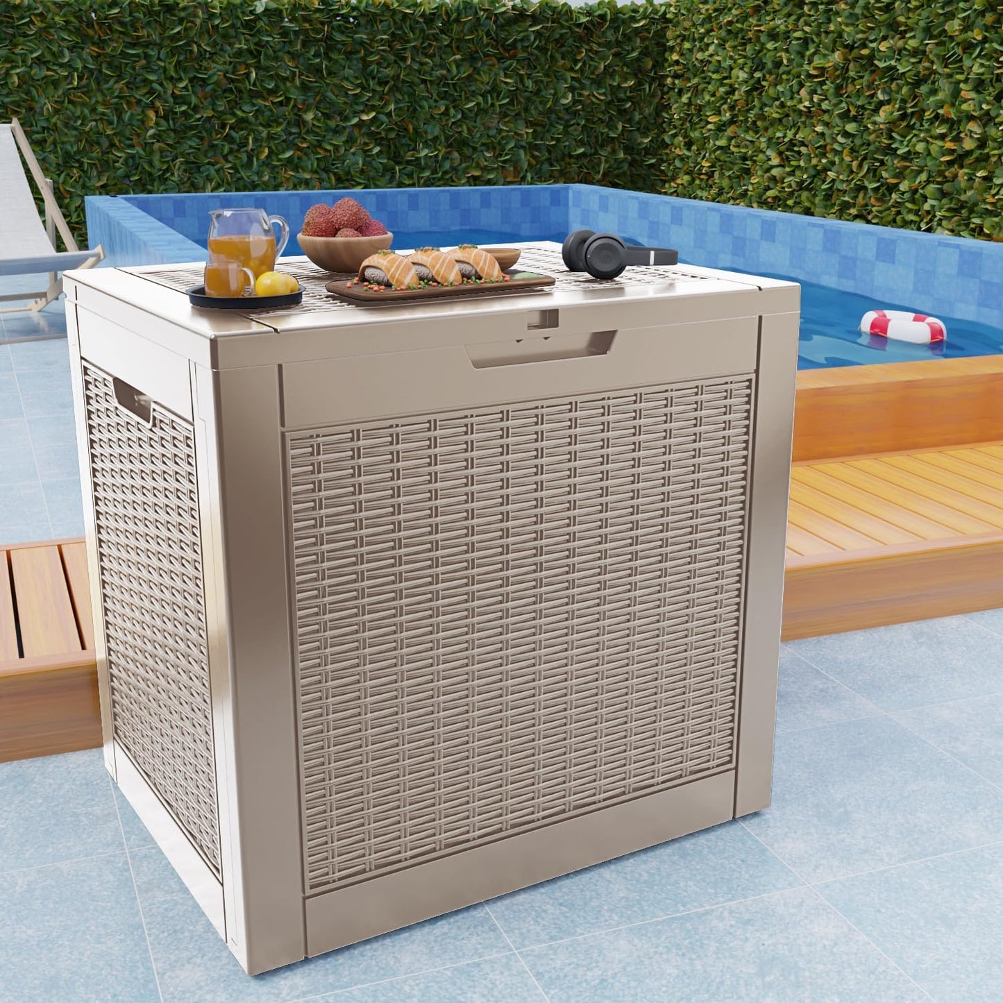 31 Gallon Outdoor Deck Box,Storage Lockable Waterproof Patio Furniture,Garden Tools,Cushions,Pool Accessories Outside Storage Resin Box(Grey)