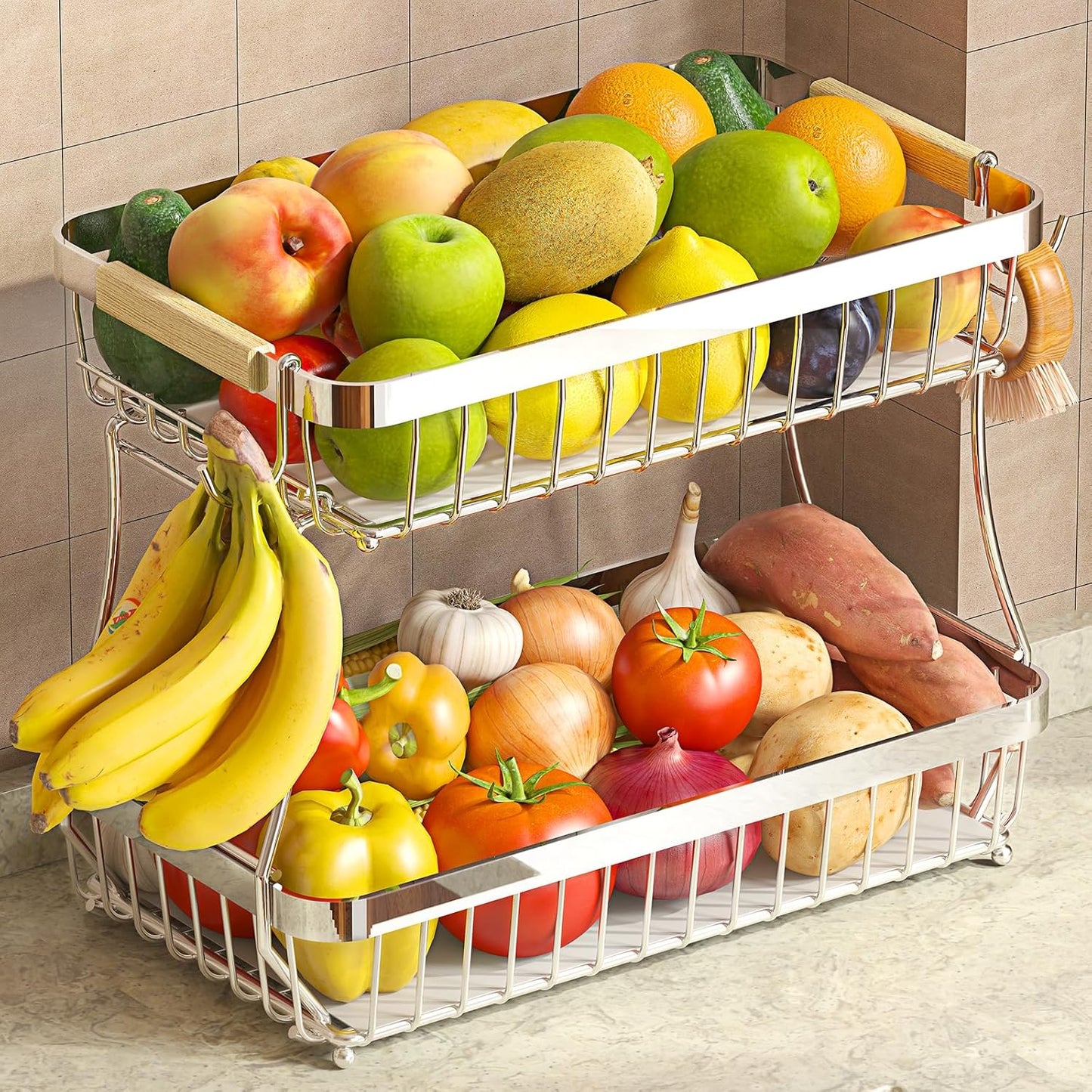 2 Tier Fruit Basket for Kitchen Counter with 2 Banana Hangers, 2025 Pro Detachable Metal Fruit Bowl with Wooden Handle,Fruit Holder for Bread Snack Veggies, Silvery