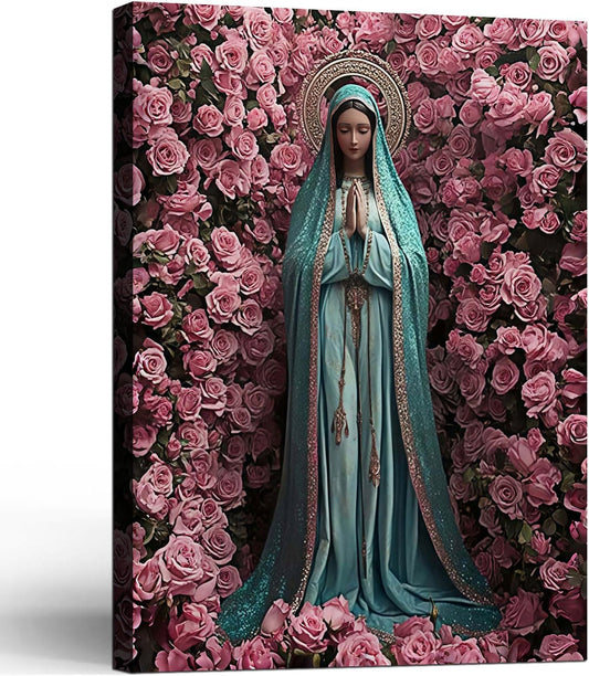 Framed Virgin Mary Catholic Wall Art Decor Canvas Print Wall Painting Religious Poster Artwork for Living Room Bedroom Hallway Gallery Decor 16x24 Inch Ready to Hang